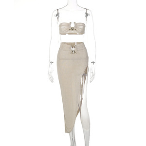 Nuevo Conjunto de Dos Piezas para Mujer, Top Tubo y Falda Cruzada, Estilo Casual, Sexy, Top Corto y Falda, Color Sólido, No Tejido, para Usar en Clubes - Product Image 4