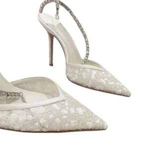 Chaussures à talons hauts pour femmes, élégantes, en maille de perles et gaze blanche, à bout pointu, talons aiguilles, parfaites pour les mariées - Product Image 1