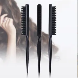 A three-row narrow black women's hair comb with a fishing line for caring for hair extensions and wigs