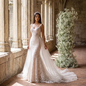 Nt138 Elegant Lace Mermaid Wedding Dress Sleeveless Illusion Bridal Gown With Detachable Tulle Overskirt and Train Jancember - Product Image 1