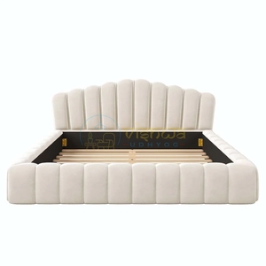 Luxurious Upholstered Platform Bed with Vertical Channel <b>Headboard</b> and <b>Cushioned</b> Border Modern Designer Bedroom Furniture Bed - Product Image 3
