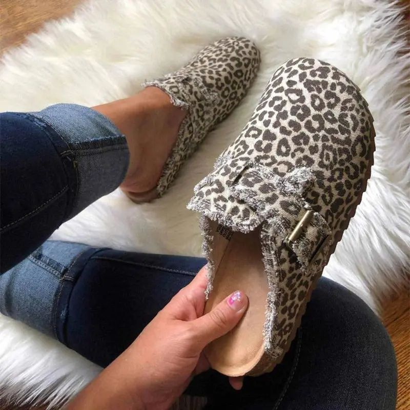 Large size slippers female 2023 spring and autumn new leopard print half toe loafers shoes