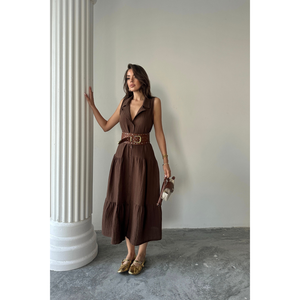 VESTIDO DE MUSLINA SIN MANGAS CON BOTONES EN LA PARTE DELANTERA, COLOR MARRÓN MEDIO, VESTIDO DE TRABAJO - Product Image 2