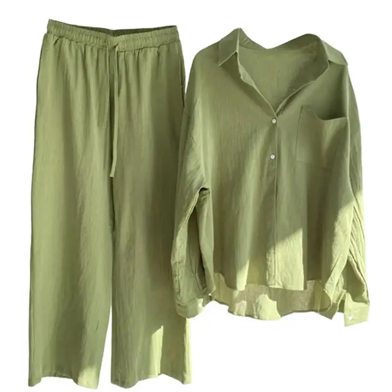 Women's summer set high-quality cotton linen long sleeved shirt set straight leg pants two-piece set