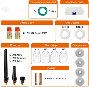 Kit de 25 buses à lentille de gaz TIG courtes # 12 coupelles en verre pour torche de soudage TIG DB/SR WP 17/18/26 3/32" Fabriqué en Chine - Product Image 2