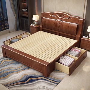 Modern Minimalist Walnut Chinese Style Solid Wood <b>Double</b> <b>Bed</b> Elegant Bedroom Furniture for King Size You Heng Size <b>Bed</b> <b>Storage</b> U - Product Image 2