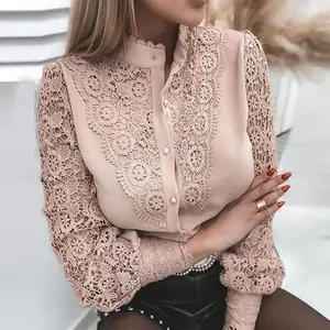 Elegant Women's Blouse Vintage Lace Spliced Long Sleeve Pink Button Up Woman Shirt Tops 2023 Fashion Casual Ladies Blouses