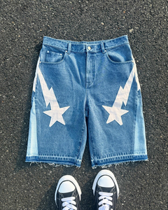 Bordado personalizado Applique Denim Shorts Raw Hem Corte Da Borda Jeans Vintage Shorts Jogger Jeans Shorts para Homens - Product Image 1