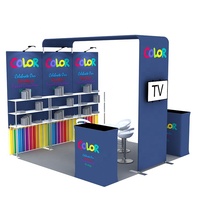 Stand d'exposition modulaire léger 10x10 pour salons professionnels, avec structure en tube d'aluminium et étagère en tissu tendu, idéal pour les événements