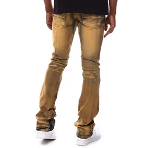 Jeans wax vintage streetwear jeans à bords bruts et empilés vente en gros de pantalons en denim enduits de cire personnalisés jeans flare skinny pour hommes