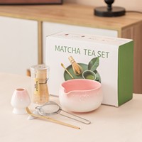 Ensemble de cérémonie du thé japonais en porcelaine : support Chasen, bol à Matcha à motif vague en relief, kit cinq pièces, design fleur de cerisier en poudre, durable et écologique
