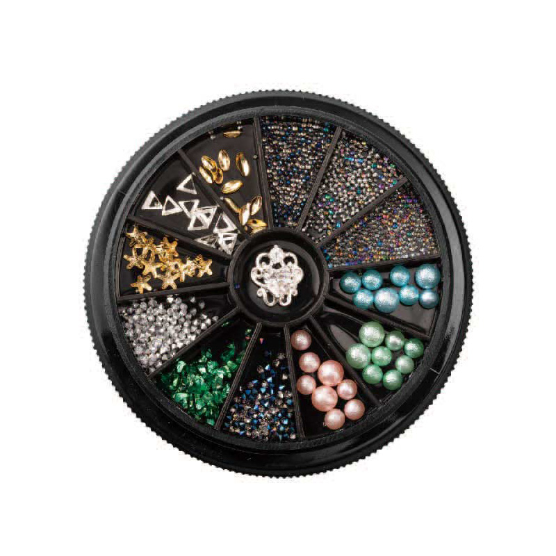 Private Label Mixed Nail Art Set adesivo In lega Glitter Beads paillettes Flower 3D Metal Nail Decoration Kit In Wheel Box