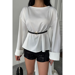 Chemisier en satin blanc ceinturé pour femme, hauts formels longs en mousseline de soie et popeline avec broderie florale et dentelle, tailles XS à XL - Product Image 6