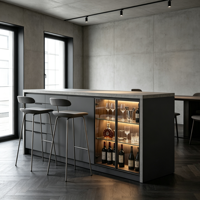 Meuble de bar moderne personnalisé, durable et écologique, avec vitrine à vin, éclairage LED, dessus en pierre, bordure en bois, comptoir îlot, OEM ODM
