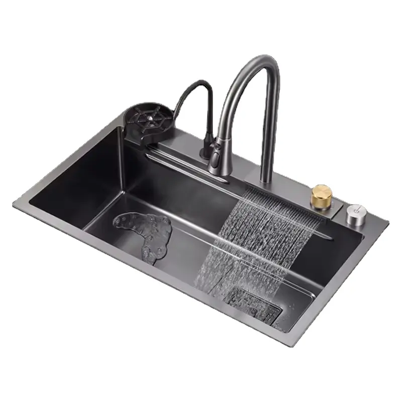 In acciaio inox singolo ciotola lavello lavabo nero con rubinetto a cascata cucina spina di drenaggio singolo