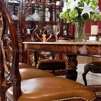Table à manger de style européen classique avec 8 chaises, bois massif sculpté à la main, fauteuil de salle à manger en cuir