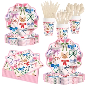 DAMAI - Platos y Vasos Desechables de Papel con Diseño de Lazo para Fiestas de Cumpleaños, Decoraciones Rosas para Fiestas de Niñas - Product Image 2