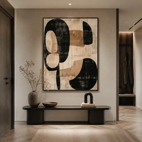 Peinture sur toile abstraite de style mid-century moderne, formes géométriques beige et noires, peinte à la main, art mural bohème pour salon