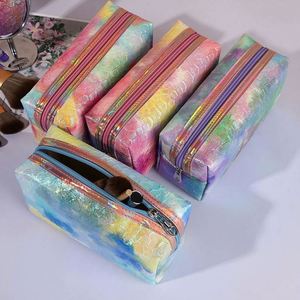 Pochette de maquillage imperméable en cuir PU pour femmes, tendance tie-dye, sac de toilette portable de voyage, fermeture éclair, poche intérieure - Product Image 6