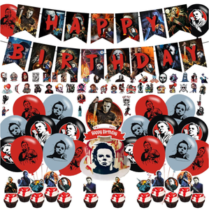 Décorations d'anniversaire Michael Myers : Bannières, drapeaux, décorations de gâteaux et cupcakes, ballons imprimés à l'hélium, autocollants sur le thème du <span class=keywords><strong>film</strong></span> d'<span class=keywords><strong>horreur</strong></span> - Product Image 1