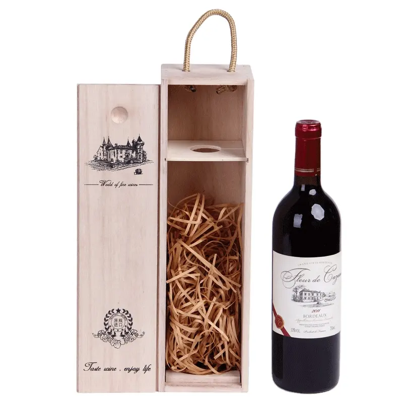 Hot Selling Single Bottle Wooden Wine Box with Slide Lids Pine Gift Wood Box