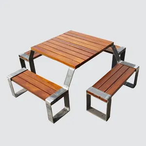heavy duty commercial outdoor 4 seat picnic table outside garden square metal and wood out door dining table with bench