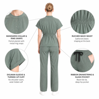 Ensemble de blouses médicales ajustées pour femmes avec logo personnalisé, col mandarin, demi-fermeture à boutons, taille cintrée, manches dolman, uniforme d'infirmière pour clinique dentaire