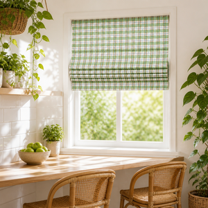 Store romain en lin tartan vert sauge, stores occultants scandinaves doux et légers sans perçage pour chambre et cuisine, faible MOQ, directement de l'usine - Product Image 3