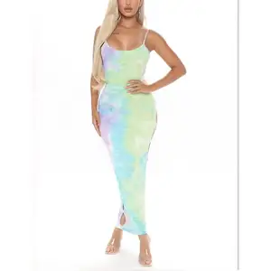 Vestidos Tie Dye Sexy Party Spaghetti Straps Scoop Neck Side Cut Outs Stretch Maxi Dresses for Women