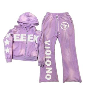 Ensemble de survêtement pour homme avec broderie surdimensionnée délavée à l'acide, style vintage, pantalon évasé respirant pour l'automne - Product Image 3