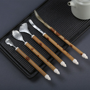 Pure Tin Tea Spoon Set With Bamboo Handle Traditional Chinese Tea Ceremony Tools Handheld Flat Design For Tea Serving - Product Image 2