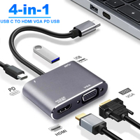 Hub USB-C 4-en-1 PD 100 W, adaptateur HDMI 4K VGA USB 3.0, chargeur rapide, station d'accueil USB-C en alliage d'aluminium pour ordinateur portable PC