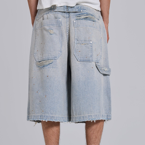 Pantalones cortos <span class=keywords><strong>de</strong></span> carpintero para hombre con rayas finas, doble rodilla, efecto salpicado <span class=keywords><strong>de</strong></span> pintura, desgastados, holgados, hasta la rodilla, con diseño a mano y lavado. - Product Image 6