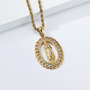 <b>Titanium</b> Steel Gold Plated Virgin Mary Pendant Necklace With Diamond Pave Setting Unisex Fashion Jewelry Gift - Product Image 4