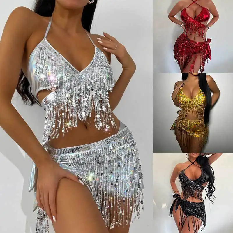 2024 Bling püskül sıcak Bikini kulübü üst seksi gümüş Bikini Beachwear