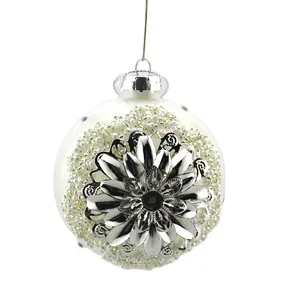 Decorative hanging glass christmas tree ornaments flat glass ball with pearl