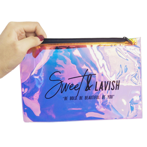 Luxury Elegant PVC bag Holographic Laser Plastic Ziplock bag for Clothing/holographic make up bag With Metal Zipper