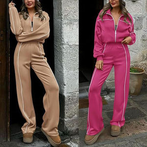 S-2XL Großhandel Hochwertiger Gestreifter Locker Sitzender Sport- und Freizeitanzug mit Reißverschluss Langer Kragen Zweiteiliges Set für Damen - Product Image 4