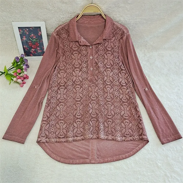 Wholesale Women Knitting Mixed Cotton Fried Color Long Sleeve Casual Top Lace Blouse