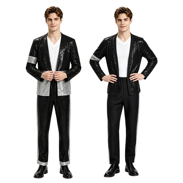 Custom New Michael Jackson Sequin Stage Costume Set, King of Pop Dance Cosplay Outfit for Halloween & Performance