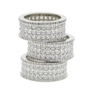 Iced out bling anel de prata, banhado à prata 5a zircônia cúbica cz noivado total cz anel de eternidade para mulheres jóias