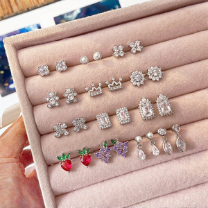 Minimalist Women's Earrings Gift Set Elegant Bear Clover Ribbon Cherry Zircon Flower Ear Jewelry 925 <b>Silver</b> Rhodium Plated <b>Studs</b> - Product Image 3