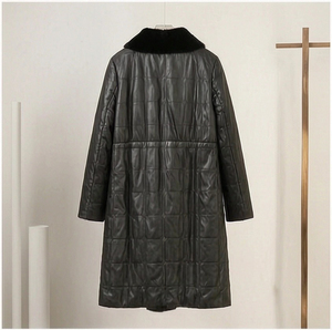 Manteau long en cuir pour <span class=keywords><strong>femme</strong></span>, veste cintrée à la taille avec bordure en fausse <span class=keywords><strong>fourrure</strong></span> - Product Image 3