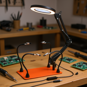 Estación de soldadura con manos magnéticas auxiliares, lupa LED 5X, lente de vidrio de 90 mm con 4 brazos para reparación de electrónica - Product Image 2