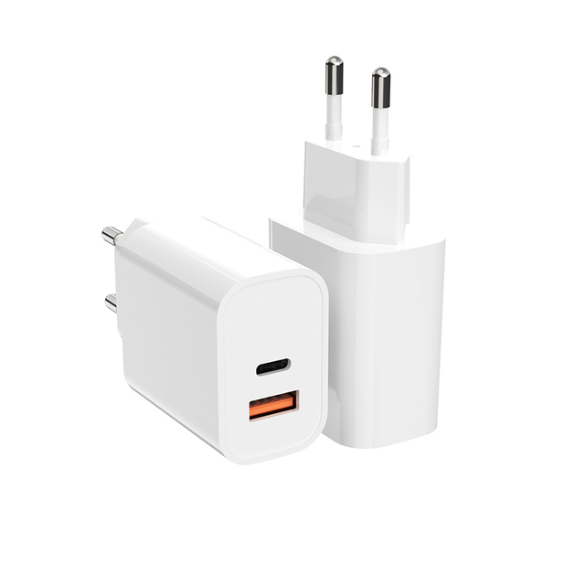 PD+QC3.0 18W 20W USB Wall Charger Dual USB-A+USB-C Ports Fast Charging Mobile Phone Travel Charger