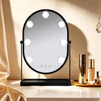 Oval LED Lighted Glass Metal Frame Vanity Mirror Touch Switch 1X Magnification 7 Dimmable LED Lights Storage Tray USB
