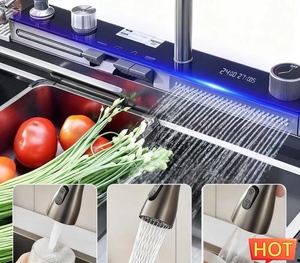 Évier de cuisine <span class=keywords><strong>noir</strong></span> en acier inoxydable à deux bacs, avec robinet cascade monobloc de 40 pouces, design nid d'abeille bionique, nouvelle tendance TikTok - Product Image 4
