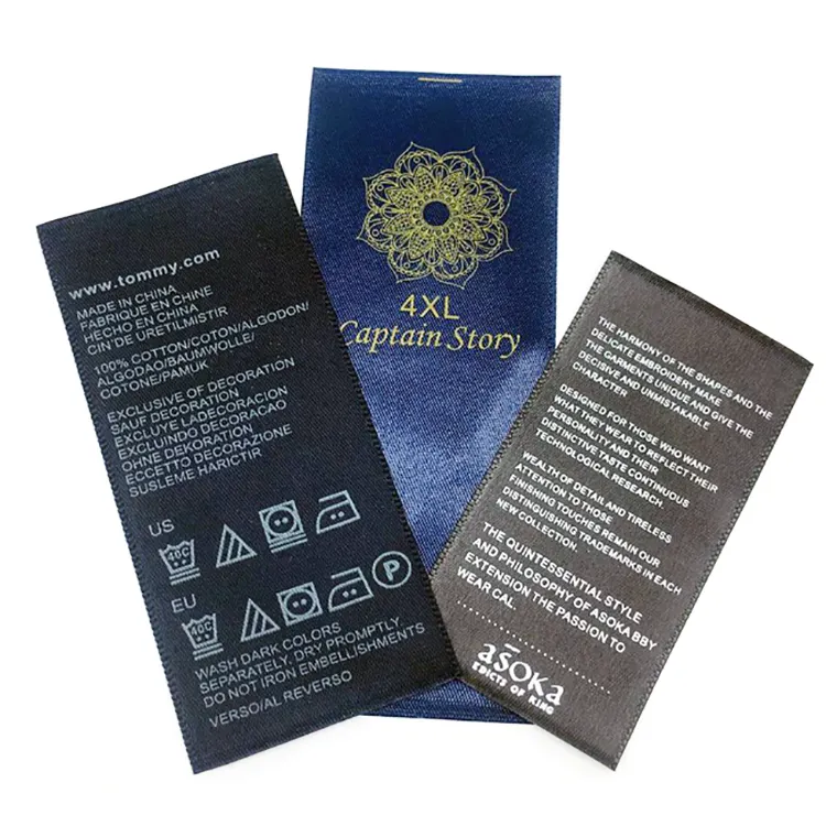 Cetak kustom Logo jahit nilon poliester Satin Label kain tekstil Satin cuci Label tenun pakaian Label dicetak