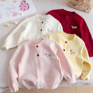 Cardigan in <span class=keywords><strong>maglia</strong></span> da <span class=keywords><strong>bambina</strong></span> in cotone, ricamato con simpatico cucciolo, girocollo, monopetto, stile coreano, Collezione Primavera/Autunno 2026 - Product Image 1