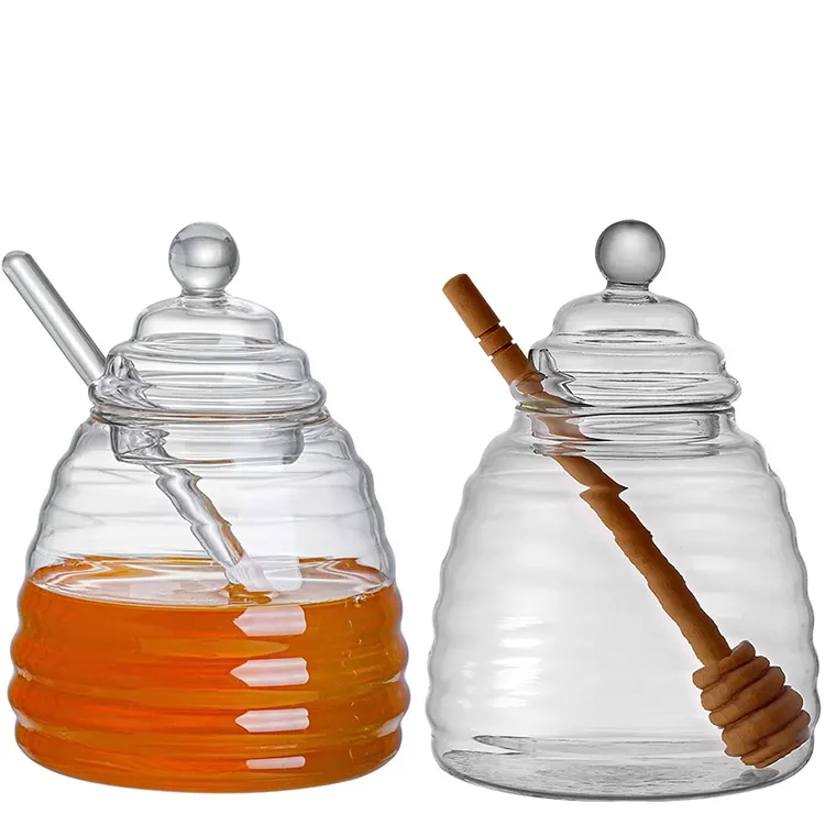 Hot sale kitchen super markets classic 500ml beverage empty mini candy honey glass bottle jars with wooden dipper